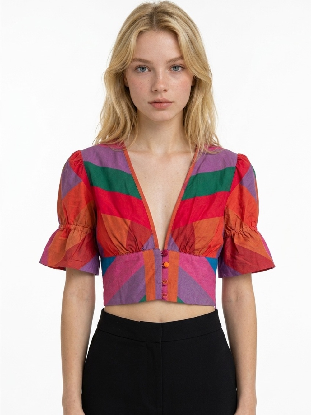 Farm Rio Colorblock V-Neck Puff Sleeve Crop Top